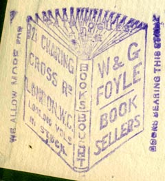 W. & G. Foyle, Book Sellers, London, England (36mm x 41mm, after 1909). Courtesy of Robert Behra.