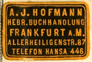 A.J. Hofmann, Hebraische Buchhandlung, Frankfurt-am-Main, Germany (30mm x 20mm, ca.1930)