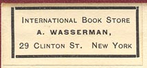 International Book Store, A. Wasserman, New York, NY (34mm x 15mm).