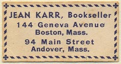 Jean Karr, Bookseller, Boston & Andover, Massachusetts (38mm x 20mm)