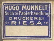Hugo Munkelt, Buch & Papierhandlung, Riesa [Germany] (28mm x 21mm, ca.1930s?)