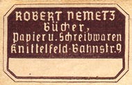 R. Nemetz, Bücher, Papier und Schreibwaren, Knittelfeld, Austria (30mm x 19mm, after 1938).