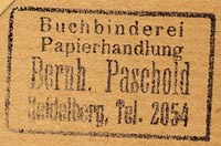Bernhard Paschold, Buchbinderei & Papierhandlung, Heidelberg, Germany (inkstamp, 31mm x 19mm).