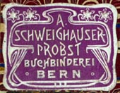 A. Schweighauser-Probst, Buchbinderei, Bern, Switzerland (27mm x 21mm)