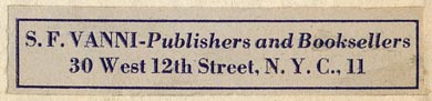 S.F. Vanni, Publishers and Booksellers, 30 West 12th Street, New York (64mm x 13mm, ca.1951).