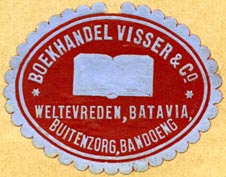 Boekhandel Visser & Co., Weltevreden [Batavia], Batavia (Jakarta), Buitenzorg (Bogor) & Bandoeng (Bandung), Indonesia (38mm x 30mm). Courtesy of Robert Behra.