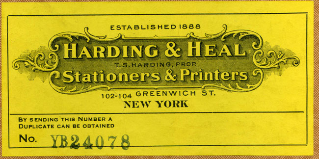 Harding & Heal, Stationers & Printers, New York, NY (136mm x 66mm). Courtesy of Robert Behra.