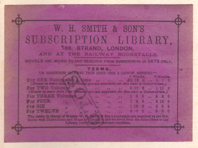 W.H. Smith, Subscription Library, London, England (102mm x 75mm, c.1894). Courtesy of David Neale.