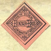 Benziger Bros., New York, Cincinnati & St Louis (27mm x 27mm, ca.1885)