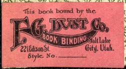 F.G. Dust Co.,  Bookbinding, Salt Lake City, Utah (41mm x 22mm, ca.1910s)