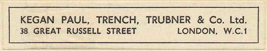 Kegan Paul, Trench, Trubner & Co., London, England (90mm x 17mm, ca.1927)