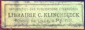 Librairie C. Klincksieck, Paris, France (47mm x 16mm, ca. 1897?)