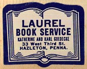 Laurel Book Service, Katherine and Karl Goedecke, Hazleton, Pennsylvania (27mm x 22mm, ca.1930s).