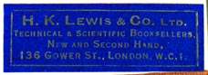 H.K. Lewis & Co., London, England (37mm x 13mm, ca.1933)