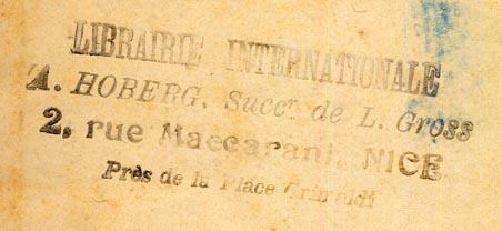 Librairie Internationale, Nice, France (68mm x 24mm, before 1910)