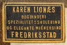 Karen Lionaes, Bogbinderi - Spezialitet: Skolebind og Elegante Wienerbind, Fredriksstad, Norway (21mm x 14mm)
