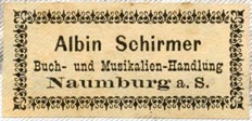 Albin Schirmer, Buch- und Musikalien-Handlung, Naumburg, Germany (39mm x 18mm, ca.1870s?). Courtesy of Robert Behra.