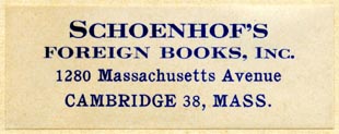 Schoenhof's Foreign Books, Cambridge, Massachusetts (51mm x 19mm, after 1944)