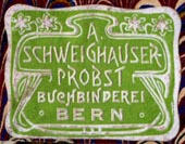 A. Schweighauser-Probst, Buchbinderei, Bern, Switzerland (27mm x 21mm)