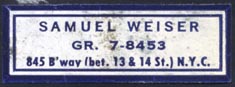 Samuel Weiser, New York, NY (38mm x 13mm).