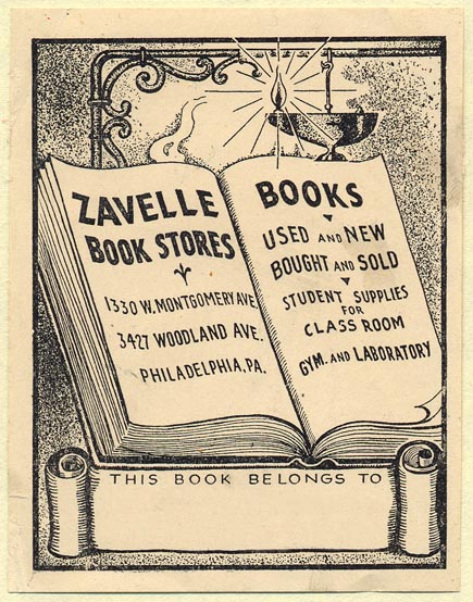 Zavelle Book Stores, Philadelphia, Pennsylvania (Bookplate, 70mm x 91mm)